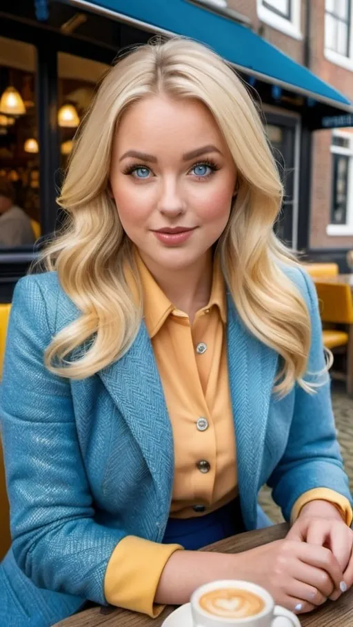 Prompt: Curvaceous beautiful woman, long blonde hair, blue eyes, perfect heart shaped face, arched eyebrows, yellow-tan tweed jacket, apricot blouse, khaki skirt, brown fashion boots, sitting in a canal-side cafe in Amsterdam, sunny day, high-res, pro photo, realistic, warm tones, detailed background, canal-side cafe, European fashion, sunny ambiance, detailed facial features