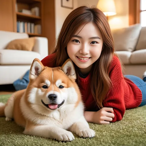 Prompt: Beautiful smiling Japanese girl, age 14, detailed square face, long auburn hair, red sweater, denim skirt, sneakers, lying on living room carpet with Akita puppy, cozy living room, high-res photo, realistic, warm lighting, comfortable atmosphere, detailed features, candid moment, cozy, indoor, detailed eyes, soft and natural, heartwarming