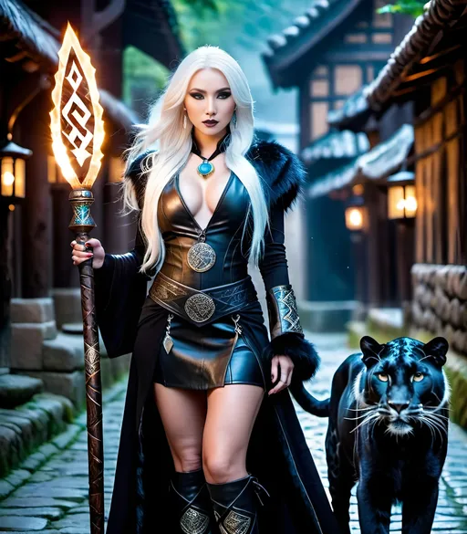 Prompt: Pale-skinned Asian sorceress with flowing white hair holding a glowing runic staff, standing in a cobblestone alley with her pet black leopard, wearing (all black ensemble, leather duster, runic vest, miniskirt, gogo boots), black makeup, intricate face, 8K photo, high detail, sorcery, fantasy, mystical, intense gaze, magical alley, glowing runic staff, detailed fur, ancient runes, mysterious atmosphere, enchanting, professional, atmospheric lighting, dark tones