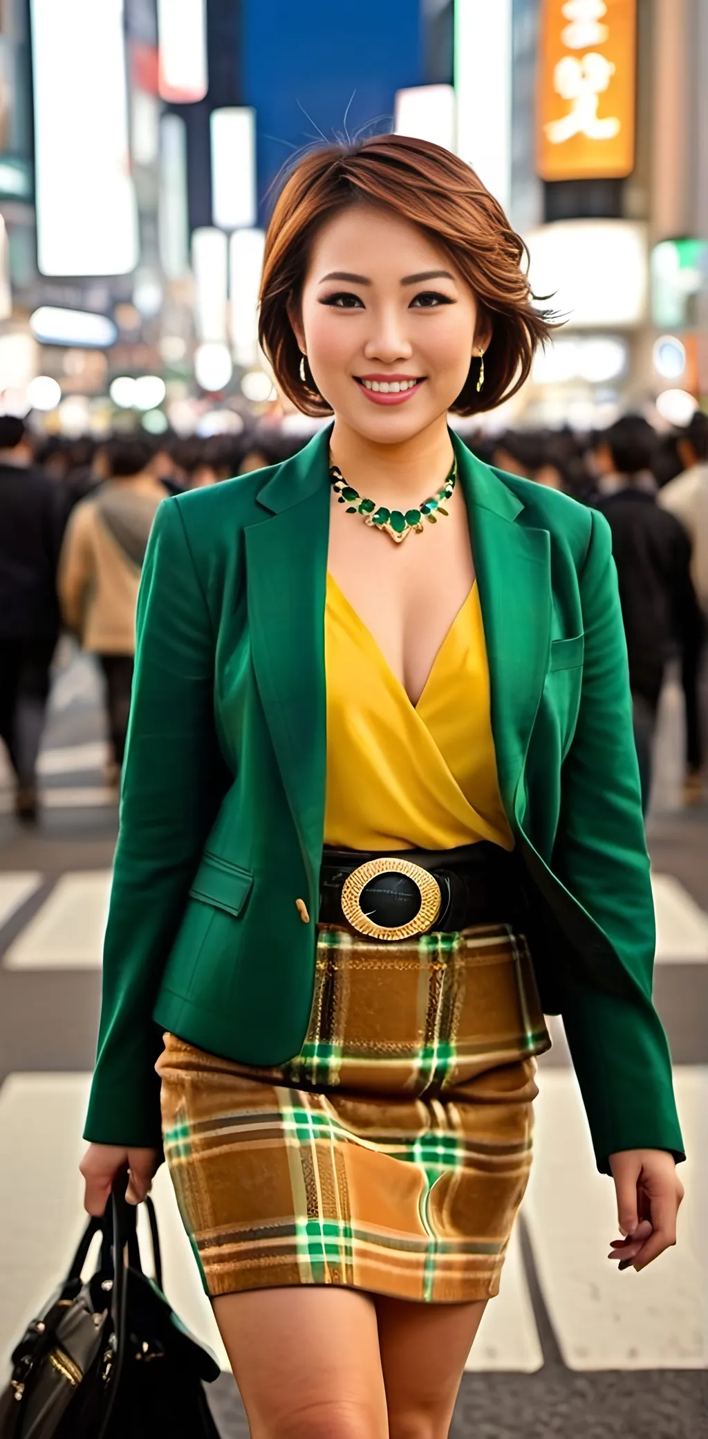 Prompt: Japanese woman walking in Shibuya Crossing Tokyo, night scene, high-res photo, multi-color short hair, hazel eyes, beautiful diamond face, upturned eyebrows, gold & emerald jewelry, curvaceous:2.0, buxom:2.0, ((green & yellow silk blouse, brown plaid tweed pencil skirt, black leather belt & boots)), smile, urban, professional photography, lively city lights, detailed, night scene, high-res photo, low angle camera