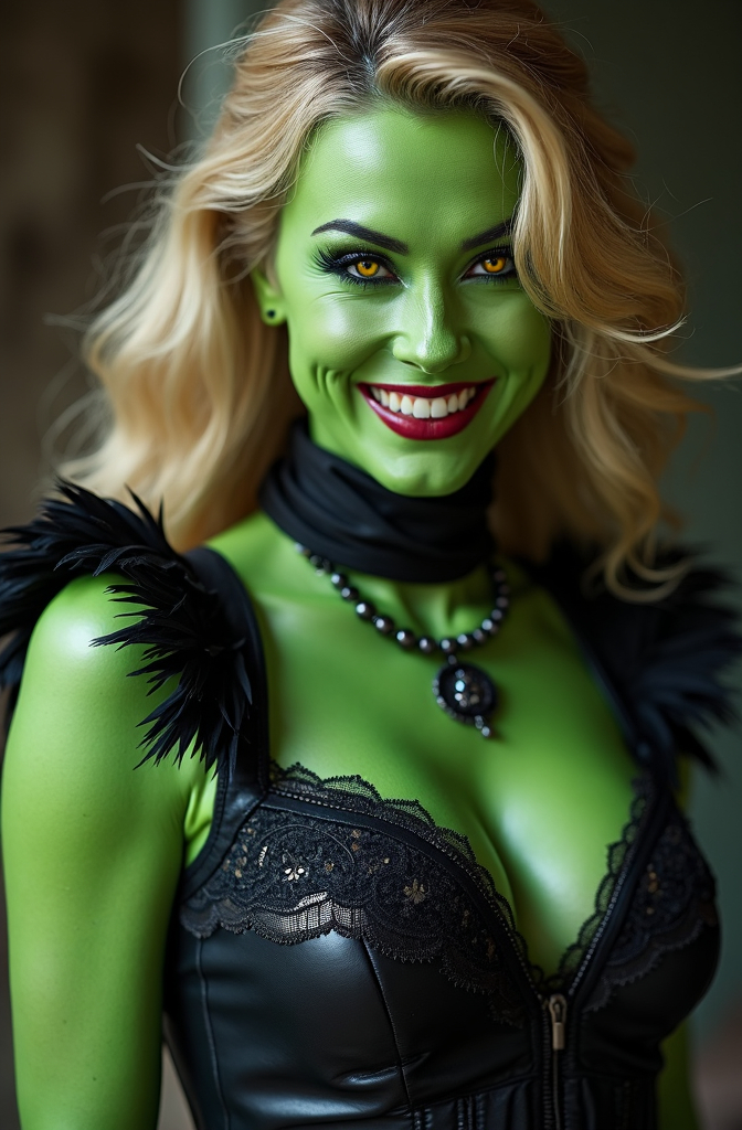 Prompt: Stunningly beautiful blonde woman in elaborate halloween costume as the Wicked Witch from the Wizard of Oz. Flawless green skin, bright yellow eyes, (gorgeous diamond face), feminine physique, dark lace & leather tabard vest  with black feather details and leather skirt, (devilish sneering smile), high detail & quality, 8k, pro photo, dramatic light.