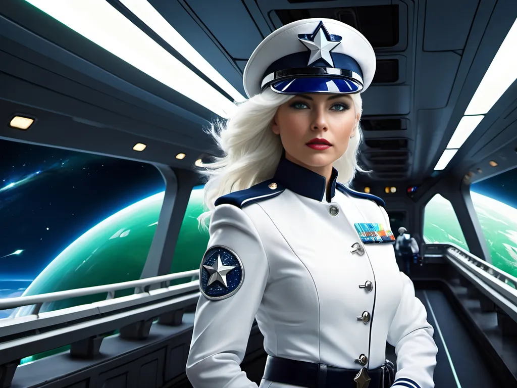 Prompt: Tall female officer in blue & white uniform with white beret and Star Patrol insignia, age 35, flowing white hair & green-eyed, standing on the very busy bridge of a star cruiser, many personnel, 8k photo, futuristic-sci-fi, star cruiser bridge, detailed uniform, flowing hair, professional, bustling atmosphere, intense green eyes, highres, sci-fi, futuristic, white beret, Star Patrol insignia, busy personnel, dynamic composition, atmospheric lighting