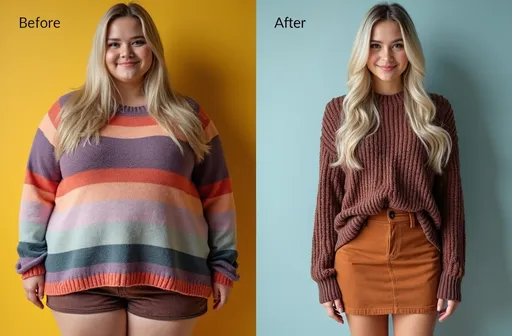 Prompt: (8K photorealistic) side-by-side comparison, left: (beautiful silver-blonde haired young fashion model) overweight, chubby round face, happy smile, wearing a (snug colorful sweater & suede miniskirt), bright lighting highlighting her features, right: (same woman) with ((identical hair clothing & pose)) now slender, fit, healthy after significant weight loss, capturing extreme difference in body weight, vibrant and well-lit environment, ultra-detailed, HD quality, captivating visual contrast showcasing transformation, "Before" text in left panel and "After" text in right panel.