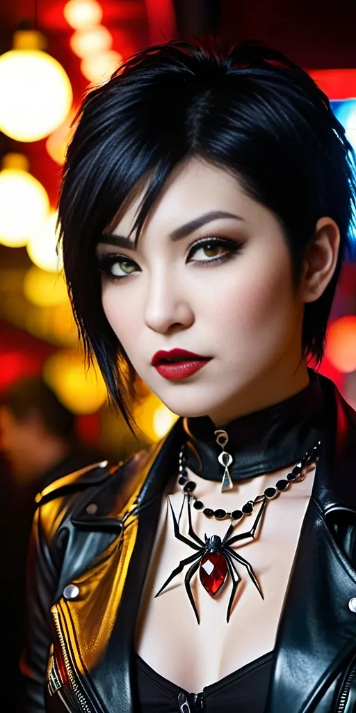 Prompt: Beautiful Japanese vampire, pale white skin, short spiky red|black hair, vibrant yellow eyes, intricate angular face, prominent cheekbones, intense gaze, opulent, black leather jacket, no blouse, black leather slacks & boots, ((spider necklace with ruby jewel)), red lipstick, standing in a busy crowded nightclub, 8K photo, highres, detailed, gothic, vampiric, intense eyes, sleek design, professional, dramatic lighting