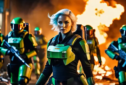 Prompt: 8K photo, cinematic, sci-fi, military, panoramic battle scene, beautiful female officer, age 35, flowing white hair, leads a group of robot infantry soldiers orange green & black uniforms, futuristic laser guns, in a shattered burning corridor filled with smoke debris and flames, high detail.