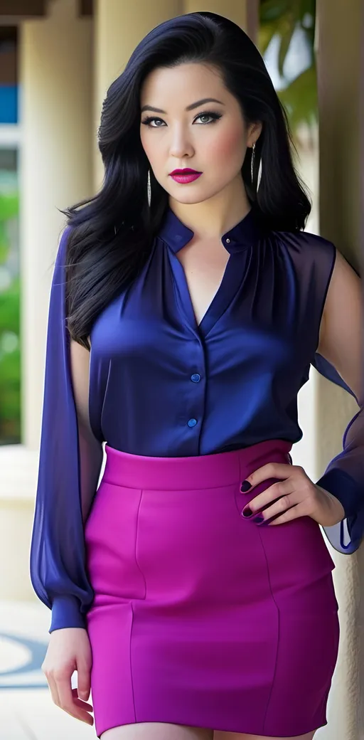 Prompt: Photograph of a curvaceous Japanese woman, pale skin, long black hair, violet eyes, magenta blouse, midnight blue mini skirt, navy pumps, detailed face, Patrick Nagel style, high-res, professional photo, natural skin tone, Fujifilm color, detailed features, stylish attire, elegant pose, 80s retro, realistic lighting, tropical background