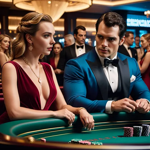 Prompt: Cinematic 8k photo of Henry Cavill and Jodie Comer playing baccarat, elegant crowded casino, modern formal attire, dramatic scene, espionage, high style, photorealism, high definition, crowded setting, detailed expressions, intense focus, luxury ambiance, sophisticated lighting