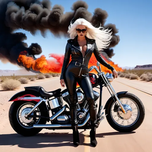 Prompt: Sonsy model in black leather jumpsuit, flowing white hair, silver and red chopper motorcycle, desert highway, old abandoned ghost town, flames trailing exhaust, magazine cover style, 8k, professional lighting, high-res, detailed hair, detailed motorcycle, eerie atmosphere, desert tones, intense gaze, magazine cover, fashion photography, sleek design, atmospheric lighting