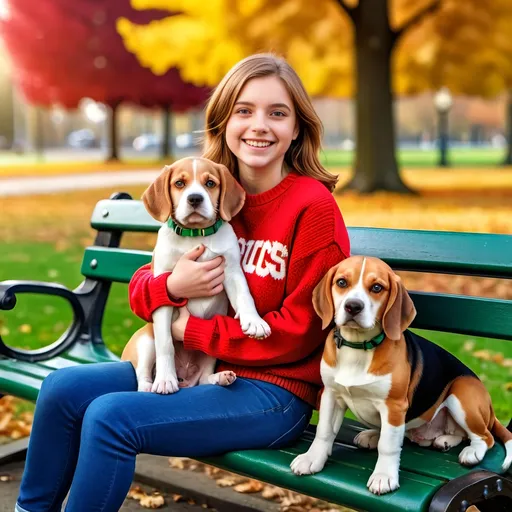 Prompt: Cute teenage girl with chestnut hair & green eyes, wearing a red sweater jeans and sneakers, sitting on a park bench with a beagle puppy in her lap, smiling happy, 8K photo, realistic, warm and vibrant, detailed facial expression, joyful atmosphere, sunny park setting, detailed clothing, happy smile, adorable beagle, natural lighting