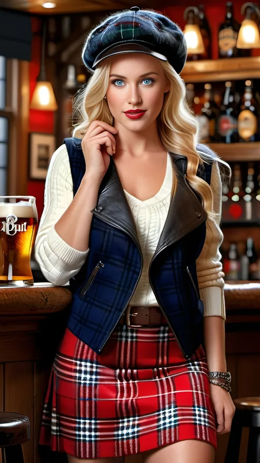 Prompt: Beautiful blonde woman, blue eyes, intricate golden-ratio face, white sweater, red plaid tartan vest, red plaid tartan skirt, black boots, black newsboy cap, leather handbag, crowded pub, drinking pint, 8k photo, realistic, detailed, intricate facial features, cozy pub setting, high-resolution, detailed texture, realistic lighting