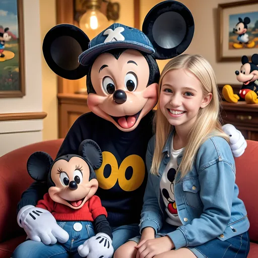 Prompt: blonde girl, age 12, sitting in Mickey Mouse's lap, smiling for a family photo, blue sweater, denim skirt, white sneakers, black mickey mouse ears hat, 8k, high detail, realistic, joyful, happy, vibrant colors, bright and warm lighting, detailed clothing, iconic character, nostalgic atmosphere