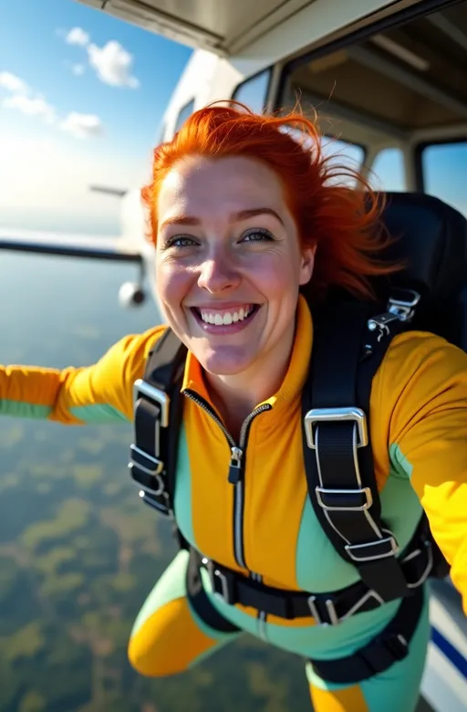 Prompt: Beautiful (buxom Caucasian woman), flame red hair, thrilled & happy expression on her plump round face, wearing a yellow and light green jumpsuit with silver trim, black parachute harness, skydiving out of a plane, (plane backdrop), rolling farmland below, vibrant sunny day, wispy clouds, (high detail & quality), 8K resolution, professional photography style, dramatic composition, exhilarating atmosphere, ultra-realistic lighting, emphasizing action and motion.