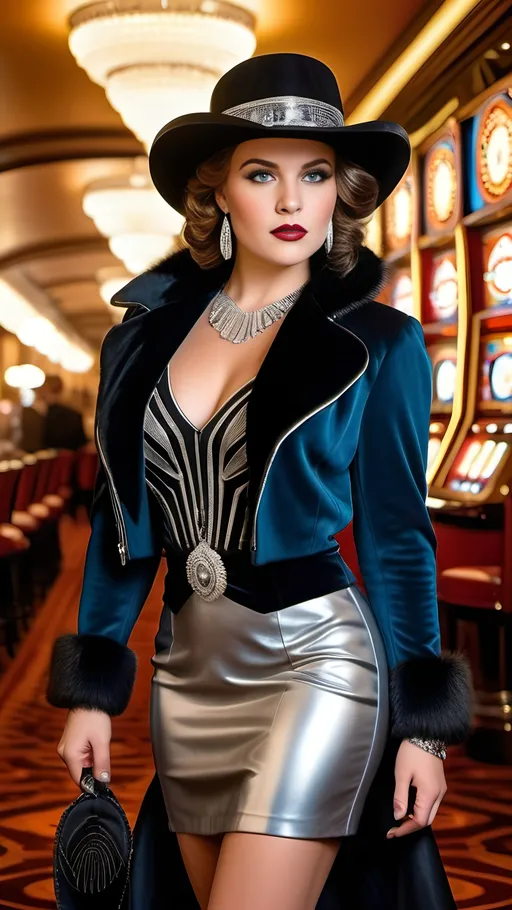 Prompt: Beautiful young brunette fair-skin French woman, intricate oval face, upturned nose, blue eyes, silver jewelry, black bolero jacket with silver and fur trim, black mid-length skirt with silver trim, black boots, vaquero hat with silver details, Art Deco casino, ((buxom:2.0 full figure)), 8k photo, stylish, elegant, detailed facial features, art deco, luxurious setting, professional lighting, high quality, detailed clothing, glamorous atmosphere, bosomy physique