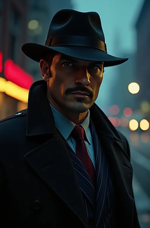 Prompt: Cinematic superhero The Shadow is an enigmatic Tall handsome man with square face details, suntanned Caucasian skin, short dark hair, heavy brows, (piercing blue eyes with a slight luminous glow), mustache and goatee, wearing a black fedora, black duster coat, dark blue pin-striped suit, maroon tie, standing outside a Manhattan office building shrouded in dark mystery as he watches a suspected criminal, moody scene, nightscape, sharp focus, high detail & quality, 8k, cinematic photo, film noire vibe.