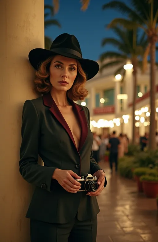 Prompt: Cinematic photo portrait, (famous American Detective Samantha Spade) standing next to a column, holding a small camera, gorgeous square face, chestnut hair, intense gaze, grand art deco hotel courtyard, crowded with people in casual tropical attire, large fountain, nautical-themed decor, potted palms, vibrant 1930s vintage vibe, elegant atmosphere, she wears a dark gray and maroon suit, black fedora, high detail, ultra-detailed, night scene, muted lighting, dramatic shadows, 8k.