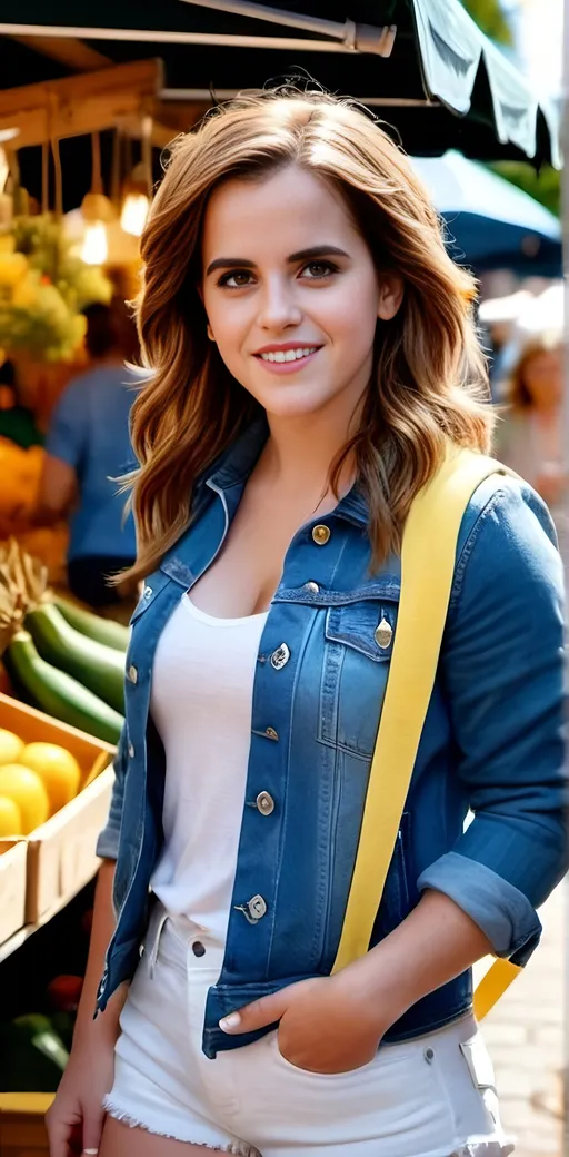 Prompt: Long chestnut hair, (Buxom:2.0 curvaceous:2.0), plus-size model.9|Emma Watson, light blue denim jacket with sleeves rolled up, yellow tee, white denim shorts, long shapely legs, suede boots, intricate face, detailed eyes, warm happy smile, walking in an outdoor market carrying a canvas tote, high-res, realistic digital render, 8k photographic image, detailed eyes, bosomy physique, professional, daylight, fashionable, vibrant colors, well lit face