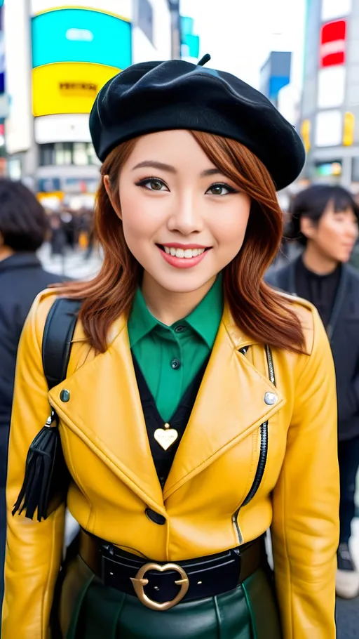 Prompt: Beautiful Japanese woman, auburn hair, green-eyed, intricate heart shaped face, yellow blouse & beret, black leather jacket skirt & boots, smile, standing with Shibuya Crossing Tokyo in background, 8K photo, detailed face features, realistic, natural beauty, landmark, Tokyo fashions, crowded bustling scene, vibrant colors, natural lighting