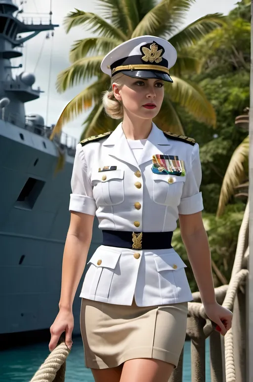 Prompt: Female naval officer in World War Two era white uniform, pencil skirt, dark hosiery, white pumps, short blonde hair, blue eyes, officers cap with gold braid, rank insignia, walking next to a big gray warship, tropical environment, 8k, detailed, vintage, tropical, naval, officer, warship, white uniform, blonde hair, blue eyes, officers cap, gold braid, rank insignia, tropical environment, 8k, detailed