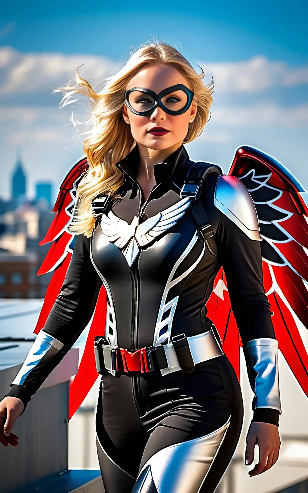 Prompt: Beautiful blonde woman in black jumpsuit, gleaming silver & red Falcon Superhero Style ((winged jetpack)) strapped to her back, buxom:2.0, superhero style, 8k, standing on rooftop, daylight, detailed facial features, realistic photo,