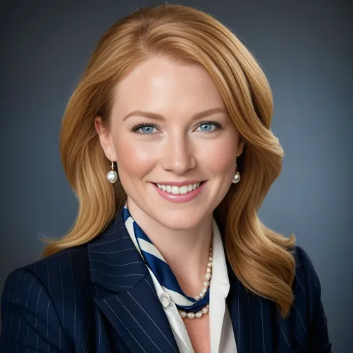 Prompt: professional head & shoulders portrait of a beautiful business woman, thick strawberry blonde hair, blue eyes, modest pearl jewelry, intricate square face, demure smile, navy pinstripe suit, geometric color-block silk scarf, highres, professional, detailed hair, elegant attire, sophisticated lighting