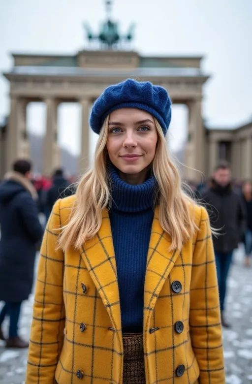 Prompt: Beautiful woman age 21, intricate square face, upturned nose, blue-eyed, blonde hair, rosy skin, yellow plaid wool coat, blue beret, blue sweater, khaki tweed skirt, brown leather boots, standing in a crowded snowy Berlin park, Brandenburg Gate in the background, 8k photo, detailed, high-res, realistic, winter fashion, natural lighting, historical landmark, vibrant colors, professional photography