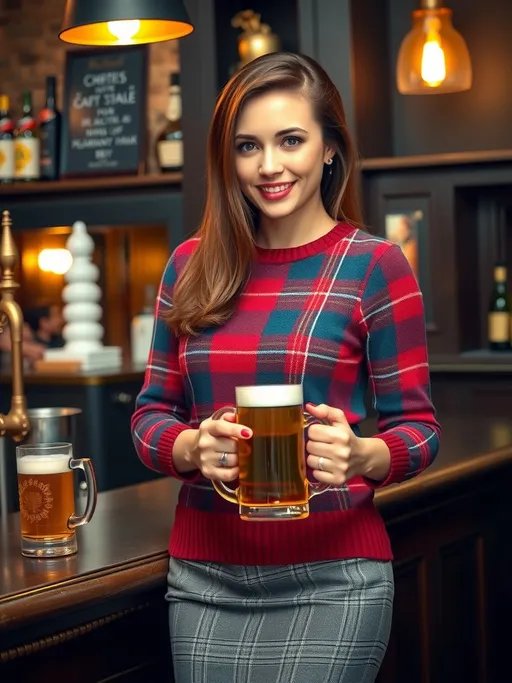 Prompt: Beautiful English bartender girl, age 25, silky chestnut hair, (vibrant green downturned eyes), (plump round face), (arched eyebrows), (sharp upturned nose), soft chin, (creamy ivory skin tone), (curvaceous full-figure), (well-lit face), wearing colorful tartan plaid sweater, tweed skirt, pumps, standing at the counter preparing mugs of beer, pro lighting, high-res, pro photo, happy expression, dynamic atmosphere, English Pub, dark woods and brass details, spotlight her classically beautiful face.