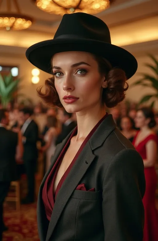 Prompt: Cinematic photo portrait, (famous American Detective Samantha Spade), gorgeous square face, chestnut hair, intense gaze, grand art deco ballroom, crowded with people in formal attire, big band playing on stage, nautical-themed decor, potted palms, vibrant 1930s vintage vibe, elegant atmosphere, dark gray and maroon suit, black fedora, high detail, ultra-detailed, well lit, 8k.