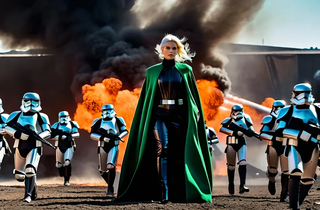 Prompt: 8K photo, cinematic, sci-fi, military, panoramic Star Wars style battle scene, beautiful female, In officer's uniforms with cloak, flowing white hair, leads a group of robot infantry soldiers carrying futuristic weapons, orange green & black uniforms, (shattered wreckage and debris, explosion fire smoke and flames), high detail.