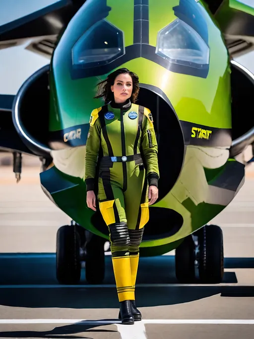 Prompt: female pilot stands in front of a futuristic space craft on a crowded tarmac, wearing green yellow and black flight suit with silver boots, star patrol insignia on shoulders, pale skin, blue eyes, flowing black hair, perfect face, many ground crewmen working on space craft, sci-fi, cinematic, military, highly detailed backdrop, 8K photo, daylight