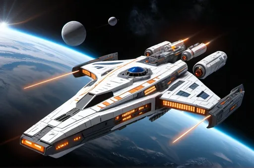 Prompt: Interstellar patrol cruiser is firing turbo lasers through gun ports on the ships flank, symmetrical tri-hull shaped starship, gray and white hull with orange striping, hull number "PC-8088" in blue lettering, sci-fi, military, cinematic, high-res, digital render, deep space setting