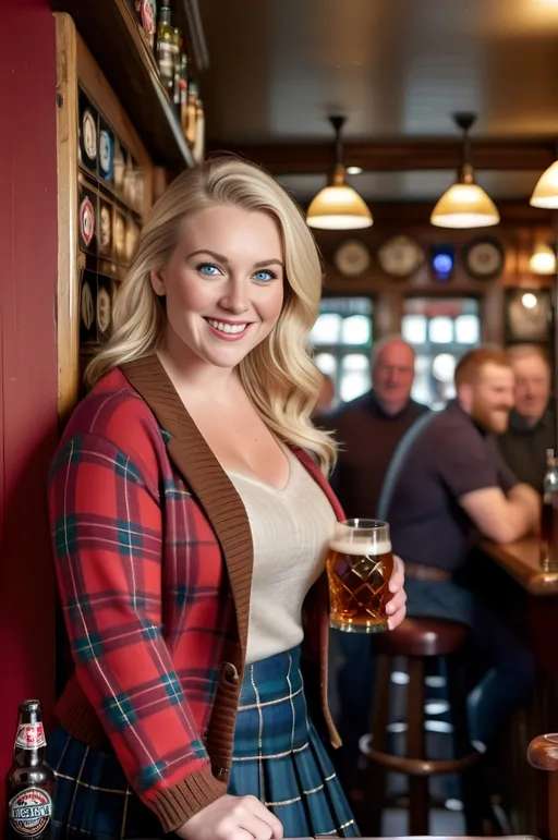 Prompt: beautiful blonde British woman with blue eyes, intricate rectangle face, curvy buxom physique, wearing a tartan plaid sweater and blue tweed skirt and brown leather boots, playing darts in an English Pub, smiling, crowded Pub, 8k photo, realistic