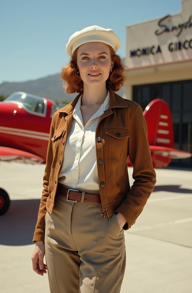 Prompt: Photo portrait of famed 1930s American aviatrix Skye Weatherly standing with the art deco Santa Monica airport terminal building and a bright red biplane in the background. Wearing brown suede pilot jacket, white shirt, belted khaki slacks, brown leather boots, her stylish white beret contrasts with her cinnamon-auburn tresses, gorgeous oval face, blue eyes, sunny, 8k, high detail & quality.