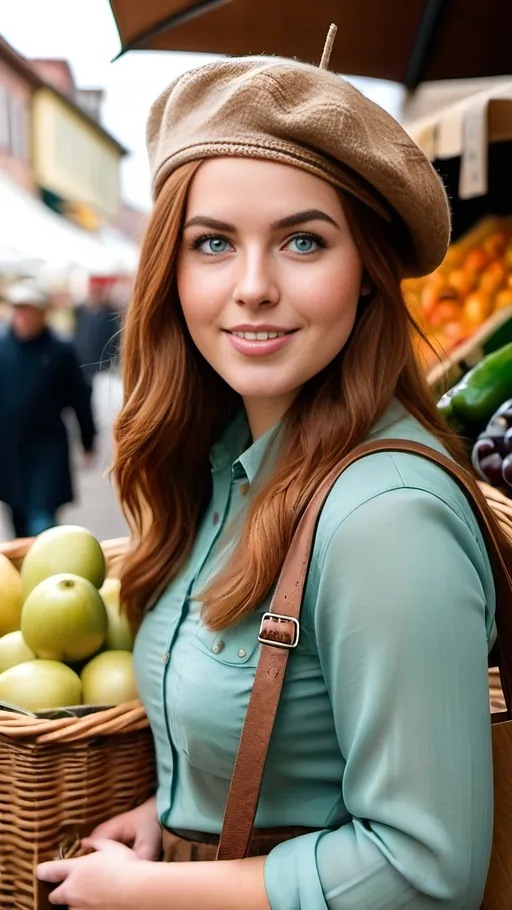 Prompt: round faced young woman with a curvaceous bosomy figure, olive skin, long auburn hair, green eyes, light blue blouse, brown & khaki tweed skirt, brown boots, white beret, detailed facial features, shopping  in a European farmers market carrying a market tote, sharp focus, highly detailed, flawless skin, detailed clothing texture, daylight, high-res, pro photo, everyday scene, casual, candid, pleasant slice of life