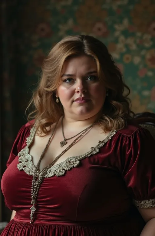 Prompt: Hepzibah Pyncheon is a beautiful, yet overweight woman, with a presence that is both dignified and slightly tragic, marked by her rich, full figure, soft features, and a lingering melancholy in her eyes, reflecting her secluded life and past sorrows, high detail & quality, 8k, pro photo.