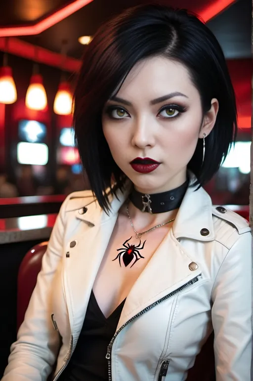 Prompt: Beautiful Japanese vampire, pale white skin, short spiky red|black hair, vibrant yellow eyes, intricate angular face, prominent cheekbones, intense gaze, opulent, white leather jacket, no blouse, white leather slacks & boots, ((necklace with black widow spider ruby pendant)), red lipstick, sitting on a barstool in a busy crowded nightclub, 8K photo, highres, detailed, gothic, vampiric, intense eyes, sleek design, professional, dramatic lighting