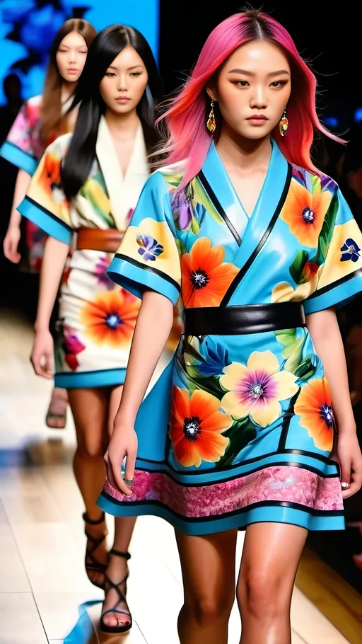 Prompt: Beautiful Japanese fashion models, intricate faces, detailed eyes, diverse faces, colorful hair, walking the runway, colorful floral print minidresses, leather sandals, 8k photo, fashion show, high fashion, detailed, intricate, professional, runway, elegant, glamorous, vibrant colors, high-quality lighting