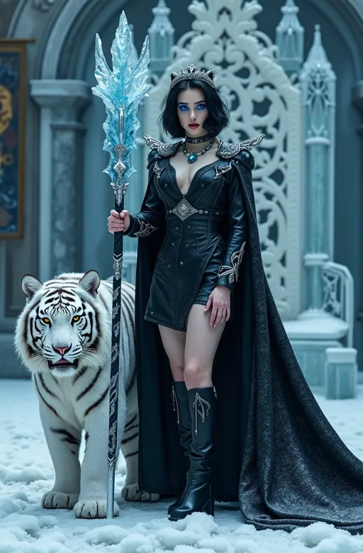 Prompt: Cinematic photo of Mab, Queen of Winter & Darkness, (high detail, 8k), standing in an ornate ice throne room, striking (dark blue eyes), beautiful rectangle face, (pale white skin), short black hair with blue highlights, (curvy figure, long legs), stunning outfit: black leather dress, black fashion boots, adorned with obsidian jewels, dramatic dark makeup, wearing a crown of blue ice crystals, holding a long icicle scepter with silver lacework, fierce white snow tiger at her feet, (bright light) illuminating the scene, (ultra-quality, photorealistic) style, evoking a powerful and captivating atmosphere in a frost-covered realm.