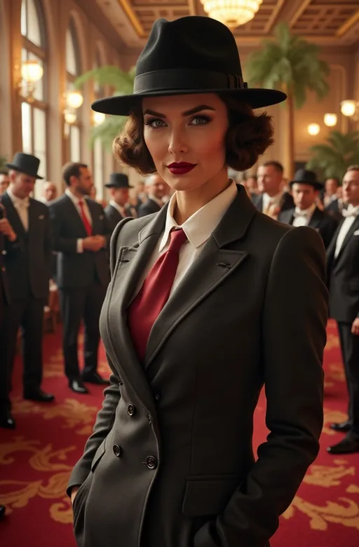 Prompt: photorealistic portrait, (famous American Detective Samantha Spade), grand art deco ballroom, crowded with people in formal attire, big band playing on stage, nautical-themed decor, potted palms, vibrant 1930s vintage vibe, elegant atmosphere, dark gray and maroon suit, black fedora, high detail, ultra-detailed, (HD quality)