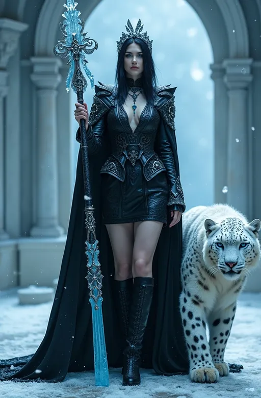 Prompt: Cinematic photo of Mab, Queen of Winter & Darkness, (high detail, 8k), standing in an ornate ice throne room, striking (dark blue eyes), beautiful rectangle face, (pale white skin), short black hair with blue highlights, (curvy figure, long legs), stunning outfit: black leather dress, black fashion boots, adorned with obsidian jewels, dramatic dark makeup, wearing a crown of blue ice crystals, holding a long icicle scepter with silver lacework, fierce giant white snow leopard at her feet, (bright light) illuminating the scene, (ultra-quality, photorealistic) style, evoking a powerful and captivating atmosphere in a frost-covered realm.