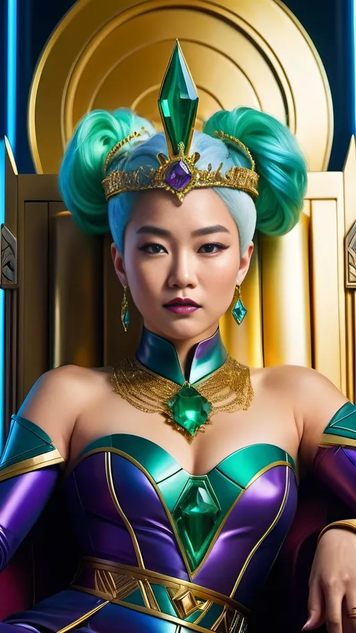Prompt: Photo of Sayaka Isoyama as Queen Nebula sitting on a golden throne, ((blue-green hair)), intricate face, diaphanous purple gown with metal & leather shoulder detail, topaz jewels, demure smile, colorful banners, curvaceous figure, cinematic 8k photo, futuristic sci-fi, regal, detailed features, opulent, vibrant colors, atmospheric lighting, rich textures, royal, realistic, curvy physique, demure expression, ethereal beauty