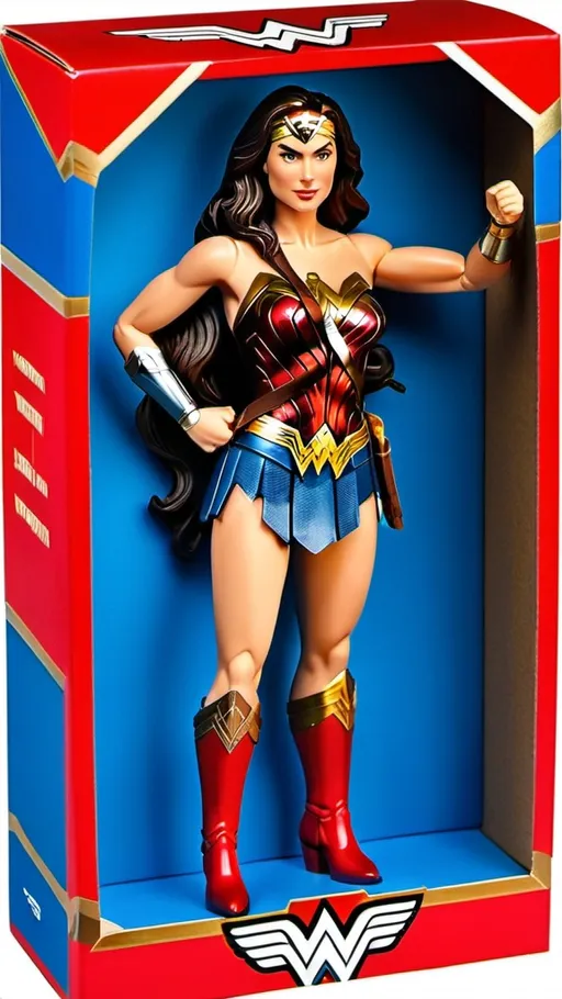 Prompt: Extremely lifelike packaged action figure of Gal Gadot|Wonder Woman, flowing hair, curvy buxom figure, red boots, gold belt, tall, red, white & blue cardboard box, professional lighting, vibrant color photo, high-res, detailed facial features, realistic appearance, boxed action figure, realistic sculpting, superhero, iconic, cinematic, classic design, collectible, vibrant colors, dynamic pose, glossy finish, professional photography, "Wonder Woman" label & logo on product packaging box