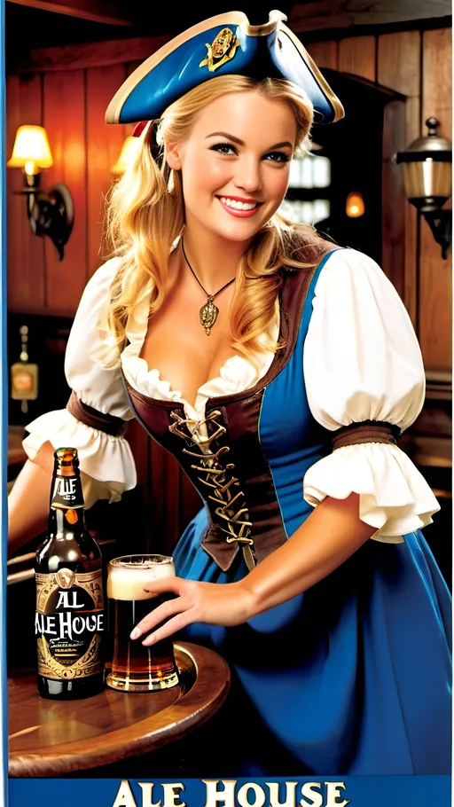 Prompt: Glossy magazine advertisement for "Ale House", Beautiful blonde waitress in pirate costume ((in an ad for "Ale House")), buxom figure, blue-eyed, smiling, light makeup, intricate oval face, working in an olde English style steakhouse with heavy wood furniture, paneling, iron & brass decorations, carrying a tray filled with drinks, 8k photo, ads-advertising, high quality, detailed, olde English, pirate costume, buxom, blue-eyed, smiling, light makeup, intricate face, wood furniture, paneling, iron decorations, brass decorations, drinks tray, professional, warm lighting, "Ale House" advertisement