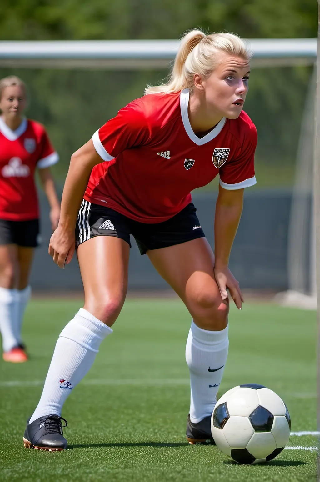 Prompt: Tall athletic blonde woman, powerfully built, thickly muscled legs, red jersey, white shorts, knee socks, white soccer cleats, preparing to take a penalty shot, soccer practice field, black & white soccer ball, intense expression, beautiful square face, exceptionally beautiful golden-ratio face, high detail, high-res photo, sports, athletic, soccer, penalty shot, intense, powerful, focused, athletic build, blonde, red jersey, white shorts, knee socks, soccer cleats, practice field, black & white ball, detailed eyes