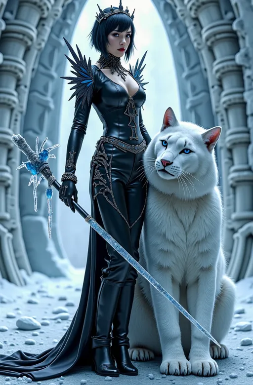 Prompt: Cinematic photo of Mab, Queen of Winter & Darkness, (high detail, 8k), standing in an ornate ice throne room, striking (dark blue eyes), beautiful rectangle face, (pale white skin), short black hair with blue highlights, (curvy figure, long legs), stunning outfit: black leather dress, black fashion boots, adorned with obsidian jewels, dramatic dark makeup, wearing a crown of blue ice crystals, holding a long icicle scepter with silver lacework, giant fierce white demonic snow-cat at her feet, (bright light) illuminating the scene, (ultra-quality, photorealistic) style, evoking a powerful and captivating atmosphere in a frost-covered realm.