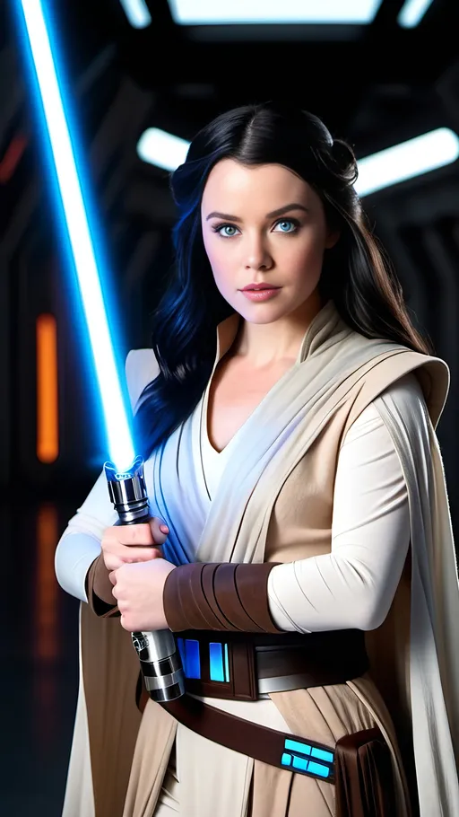 Prompt: Beautiful actress with vivid blue eyes, long raven black hair, wearing beige & brown Jedi-Knight costume, holding glowing blue lightsaber, detailed Star Wars hangar bay set, intricate detail, dynamic pose, cinematic lighting, high-res photography, Jedi-Knight, vivid blue eyes, long raven black hair, detailed Star Wars hangar bay, dynamic pose, glowing blue lightsaber, cinematic lighting, high-res photography, intricate detail, actress, beautiful, vibrant