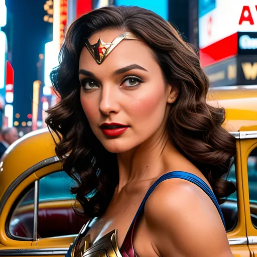 Prompt: Beautiful Wonder Woman|Gal Gadot|Lynda Carter, auburn hair, blue-eyed, stepping out of a 1940s taxicab in New York Times Square, intricate face, cinematic, vintage, nightscape, 8K photo, detailed, classic, elegant, old Hollywood glamour, detailed eyes, historic setting, professional, atmospheric lighting, vibrant colors, highly detailed, classic cinematic style