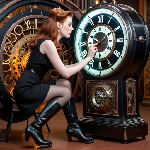 Prompt: Profile view of a Beautiful woman, pale skin auburn hair, age 25, wearing a very short black minidress tights and black boots, examines a 1950s metal Time Machine, intricate face, highly detailed scene, 8K photo.