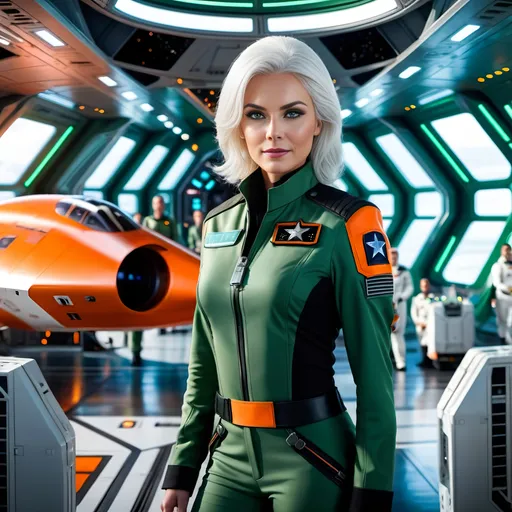 Prompt: Cinematic, sci-fi, military, 8K photo, Beautiful female pilot, orange white tunic & black trousers star patrol uniform, black boots, white hair green eyes, perfect face, standing in foreground, crowded spaceship hanger deck, busy crewmen working on sleek space ships, heavy equipment, colorful, highly detailed, bright light.