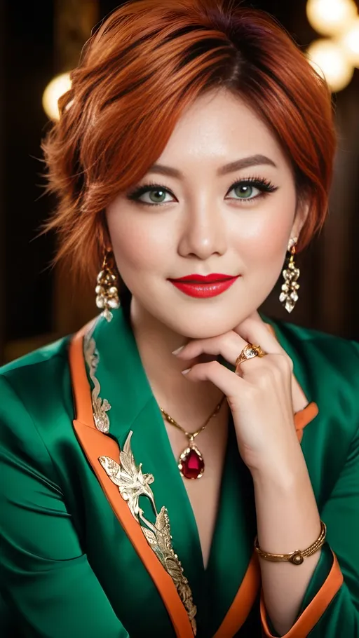 Prompt: Beautiful ((green-eyed)) lush opulent & bosomy:2.0 Japanese fashion model, ruby ring in ornate silver filagree setting, coppery orange hair, upswept eyebrows, triangle face, upturned nose, prominent cheekbones, plum glossy lipstick, big smile, ruby pendant & earrings, red knit blazer, low-cut white linen blouse, khaki pencil skirt, ((deep cleavage)), 8k, sitting, jewelry advertising photo, elegant, detailed eyes, luxurious, high fashion, hands in lap, vibrant colors, romantic lighting, green eyes, focus on hands,