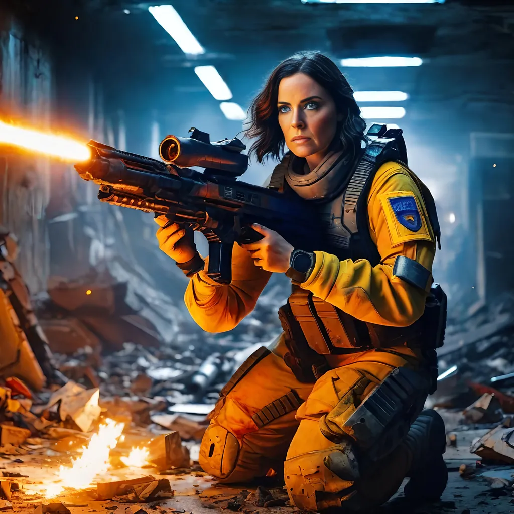 Prompt: 8K photo, cinematic, sci-fi, military, beautiful female officer, age 35, flowing dark hair, blue eyes, orange yellow gray uniform, aiming laser rifle, crouches behind a robot tank in a shattered corridor, smoke, debris, flames, broken ceiling lights, dead bodies, high detail, fill light.